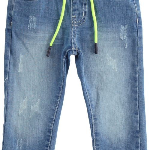 Spodnie jeans neon Sarabanda w kolorze niebieskiego denimu, delikatnie przecierane z ozdobnym neonowym sznurkiem w pasie.